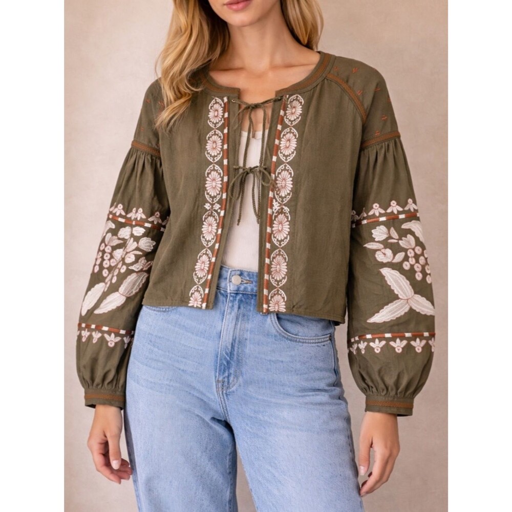 NWT RD & Koko Embroidered Tie Front Jacket Olive Boho Cotton Cropped Size Large